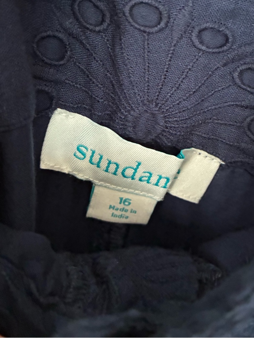 SUNDANCE Navy Blue Eyelet Cutwork Embroidered Cotton Wide Leg Pants Boho 16 - Picture 6 of 8